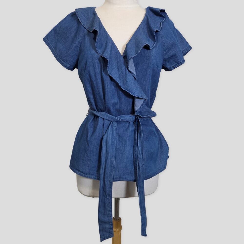St. John's Bay Chambray Wrap Top Womens M Ruffle Blouse Casual Cotton